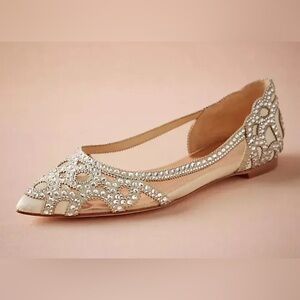 Badgley Mischka Gigi Crystal Pointed Cream Embellished Flats.